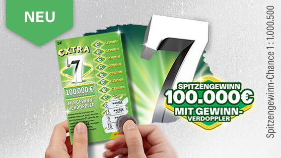 Darstellung des Rubbelloses Extra 7, auf dem eine kleine aufgerubbelte Fläche zu sehen ist. Ebenso ist die Zahl 7 in groß dargestellt, zusaetzlich ist der Spitzengewinn von 100.000 Euro abgebildet.