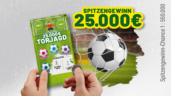 Hellgrünes Rubbellos Torjagd, im Hintergrund der Ausschnitt einer Fußballszene und im Vordergrund ein Fußball. Spitzengewinn 25.000 €