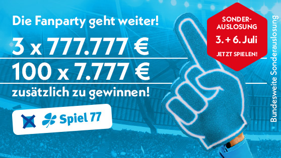 Textliche Abbildung der möglichen Gewinne. 3x 777.777 Euro und 100 x 7.777 Euro bei der Sonderauslosung am 03. und 06. Juli 2024